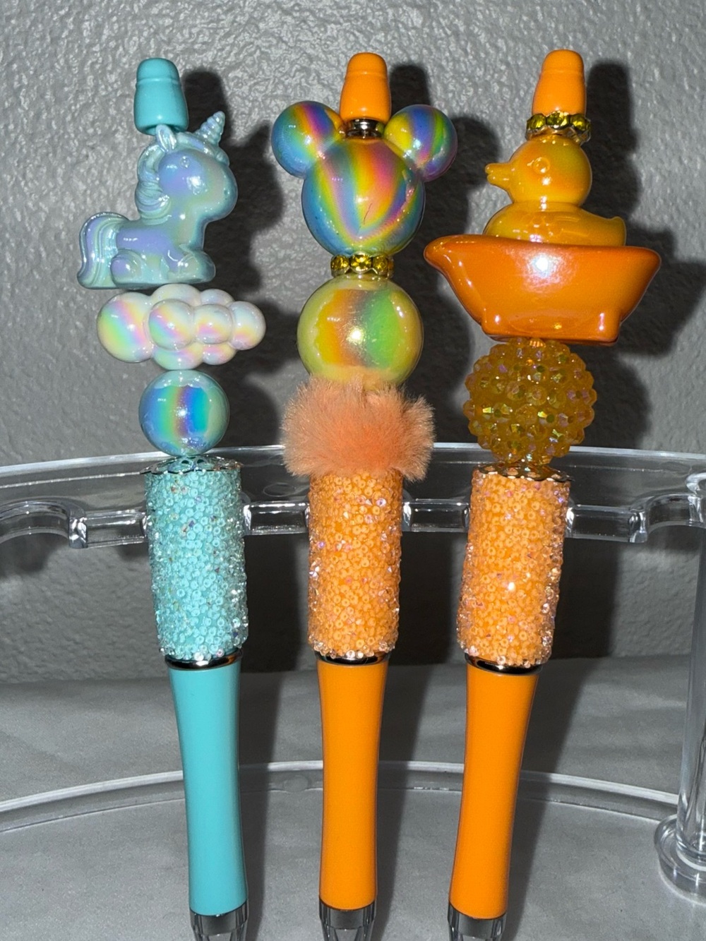 Set of 3 Handmade Beaded Pens; Unicorn, Rainbow & Duck Pen Set - Blue & Orange
